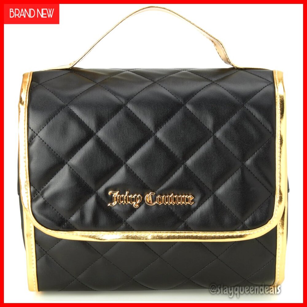 Medium Quilted Leather Cosmetic Bag with Hanging Hook for Travel